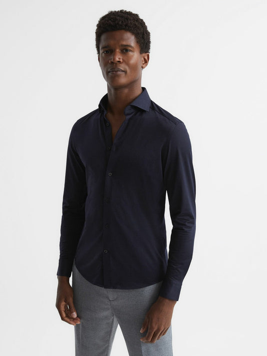 Cotton-Blend Jersey Cutaway-Collar Shirt Navy | Men