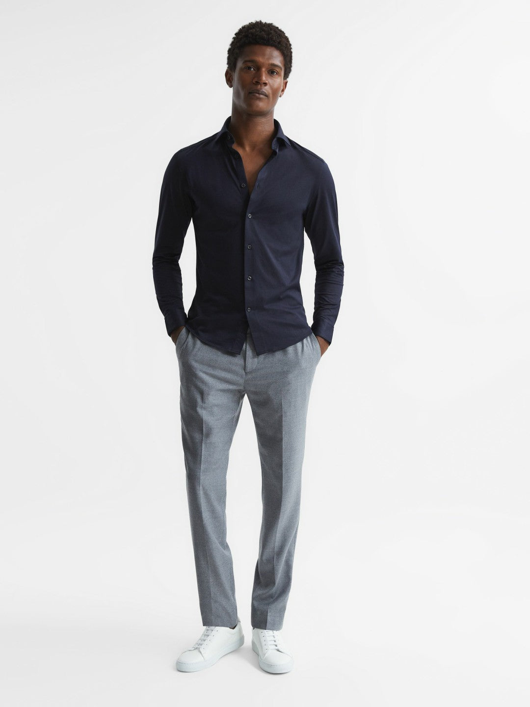 Cotton-Blend Jersey Cutaway-Collar Shirt Navy | Men