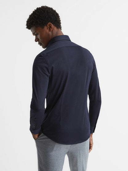 Cotton-Blend Jersey Cutaway-Collar Shirt Navy | Men