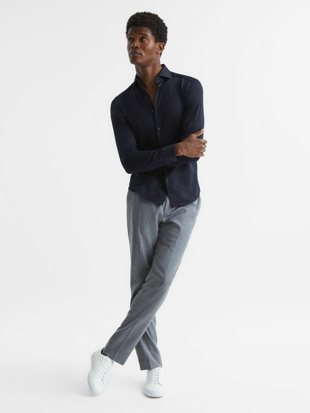 Cotton-Blend Jersey Cutaway-Collar Shirt Navy | Men