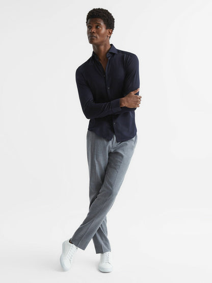 Cotton-Blend Jersey Cutaway-Collar Shirt Navy | Men