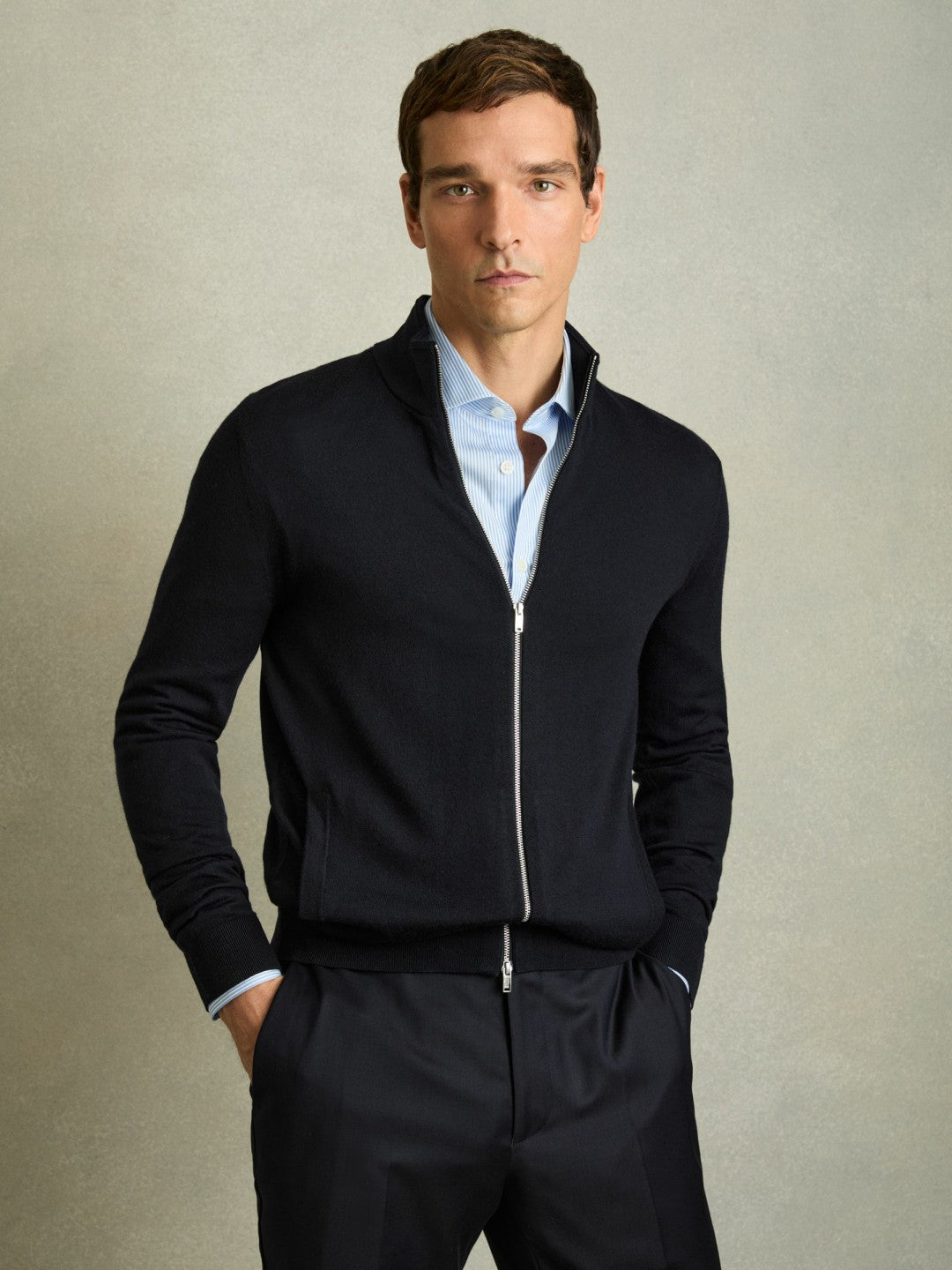 Merino Wool Zip-Through Cardigan Navy | Men