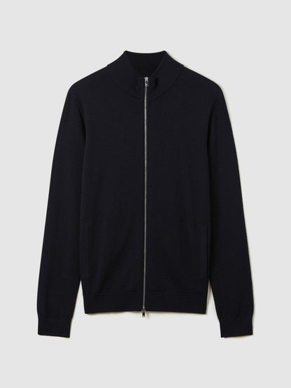 Merino Wool Zip-Through Cardigan Navy | Men