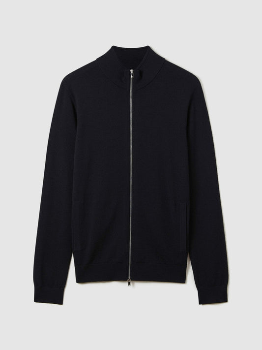Merino Wool Zip-Through Cardigan Navy | Men