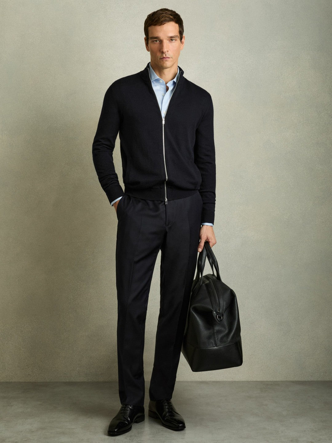 Merino Wool Zip-Through Cardigan Navy | Men