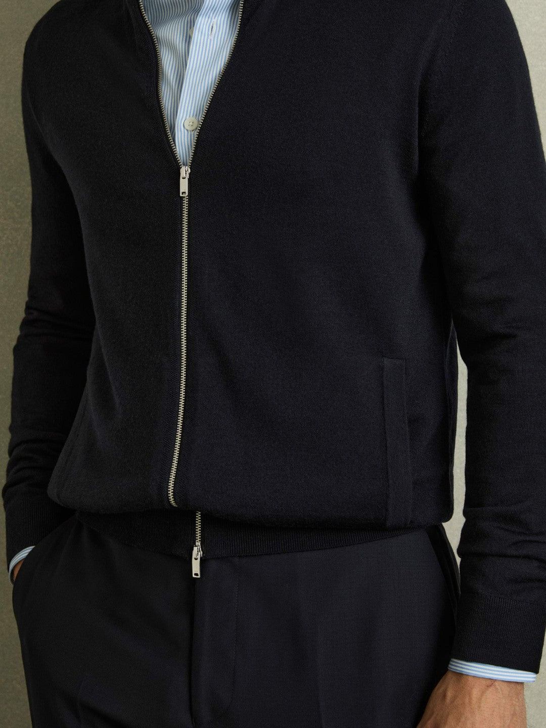 Merino Wool Zip-Through Cardigan Navy | Men