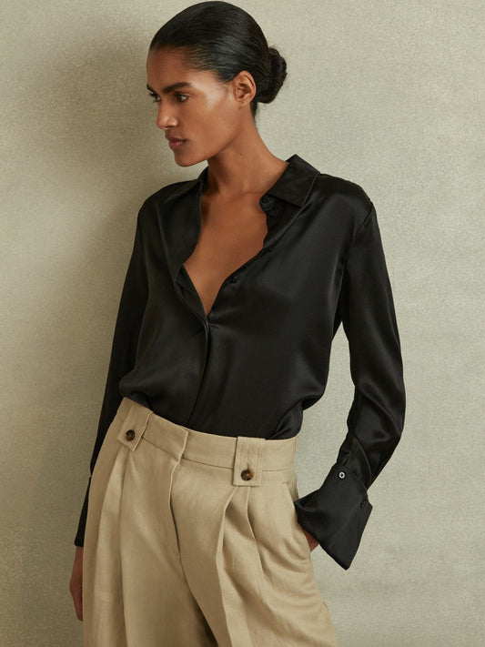 Petite Silk Double-Cuff Button-Through Shirt Black | Women