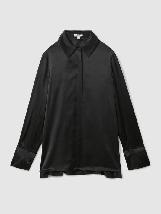 Petite Silk Double-Cuff Button-Through Shirt Black | Women