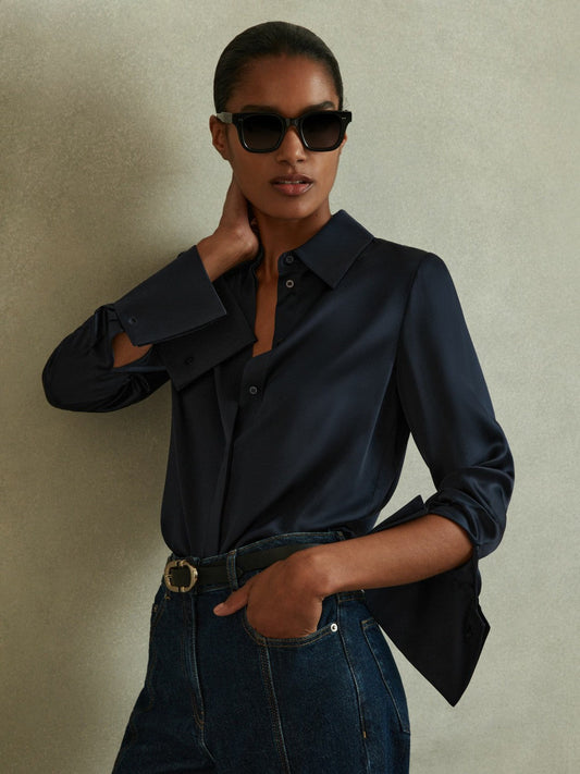 Silk Double-Cuff Button-Through Shirt Navy | Women