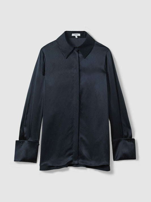 Silk Double-Cuff Button-Through Shirt Navy | Women