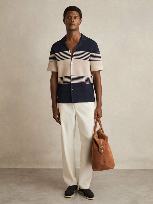 Stripe Textured-Knit Cuban-Collar Shirt Navy/Stone | Men