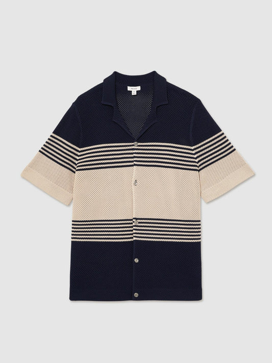 Stripe Textured-Knit Cuban-Collar Shirt Navy/Stone | Men