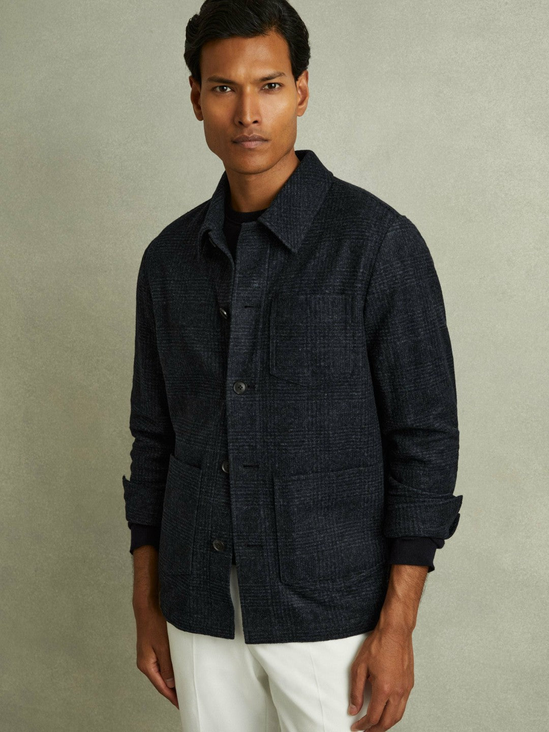 Checked Button Through Worker Jacket Navy Melange | Men
