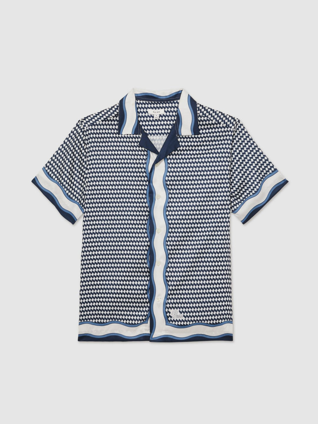 Geometric-Print Cuban-Collar Shirt White/Navy | Men