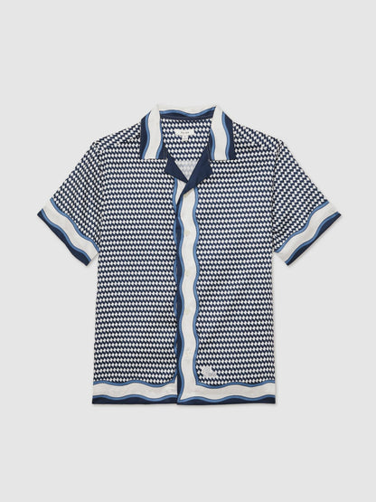 Geometric-Print Cuban-Collar Shirt White/Navy | Men