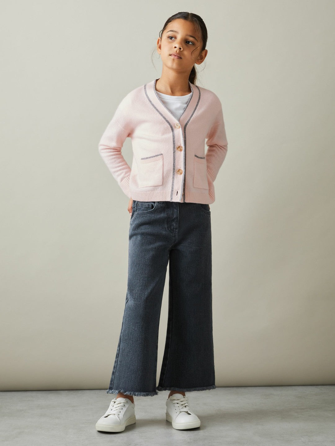 9-13 yrs Wool-Blend Stripe-Detail Cardigan With Cashmere Pink | Children & Baby