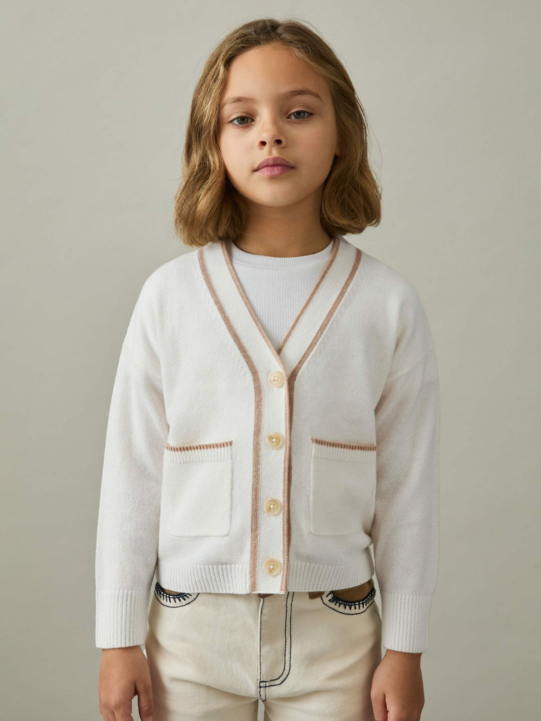 13-14 yrs Wool-Blend Stripe-Detail Cardigan With Cashmere Cream | Children & Baby