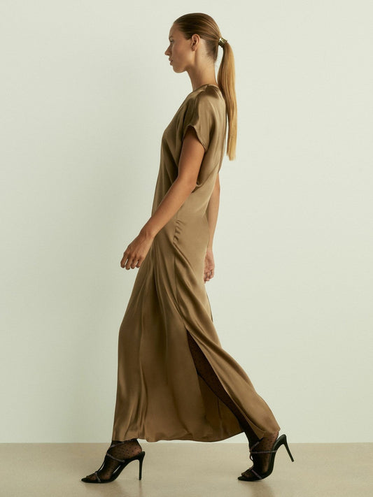 Satin Short-Sleeve Midi Dress Khaki | Women