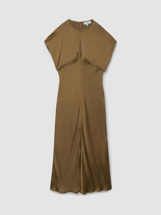 Satin Short-Sleeve Midi Dress Khaki | Women