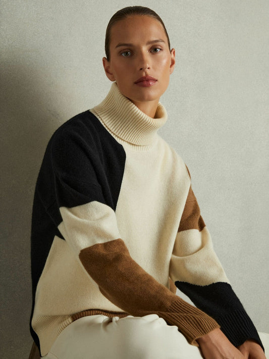 Wool-Cashmere Colourblock-Intarsia Jumper Cream/Brown | Women
