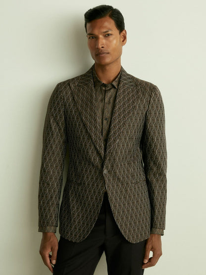 Monogram-Jacquard Twill Blazer Chocolate Brown | Men