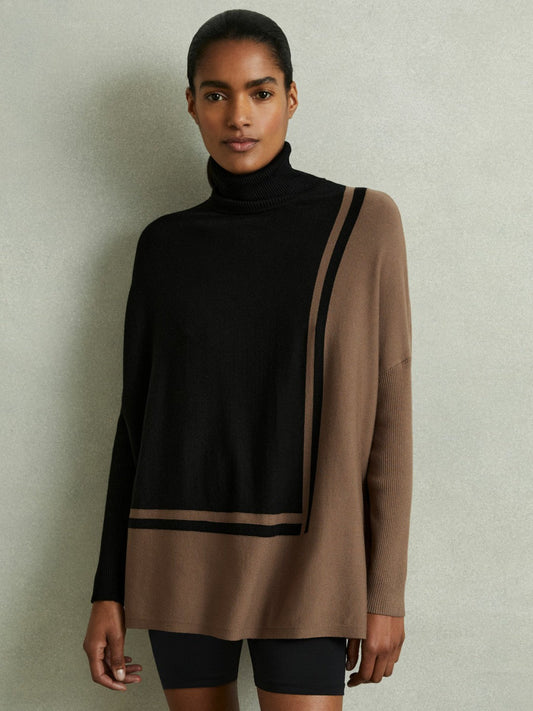 Colourblock Roll Neck Split Hem Jumper Black/Mink | Women