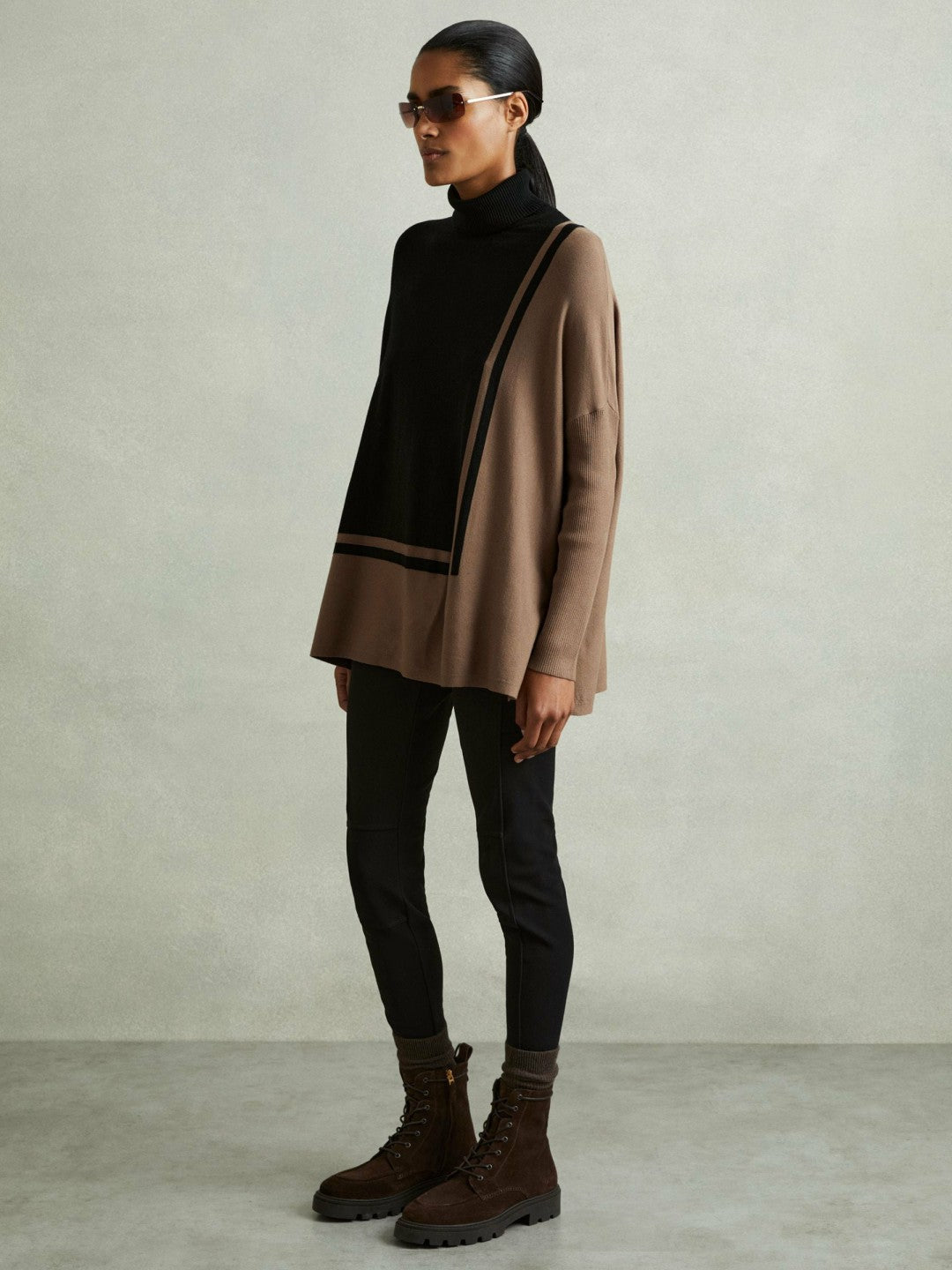 Colourblock Roll Neck Split Hem Jumper Black/Mink | Women