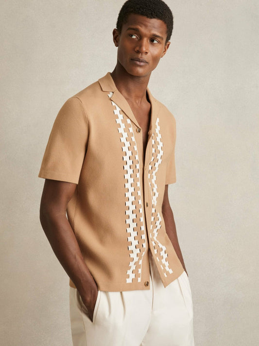 Geometric Cuban-Collar Knit Shirt Camel/Off White | Men