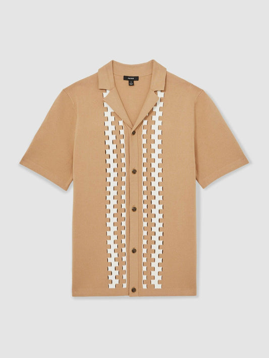 Geometric Cuban-Collar Knit Shirt Camel/Off White | Men