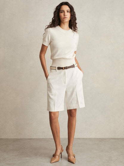 Linen-Blend Bermuda Shorts White | Women