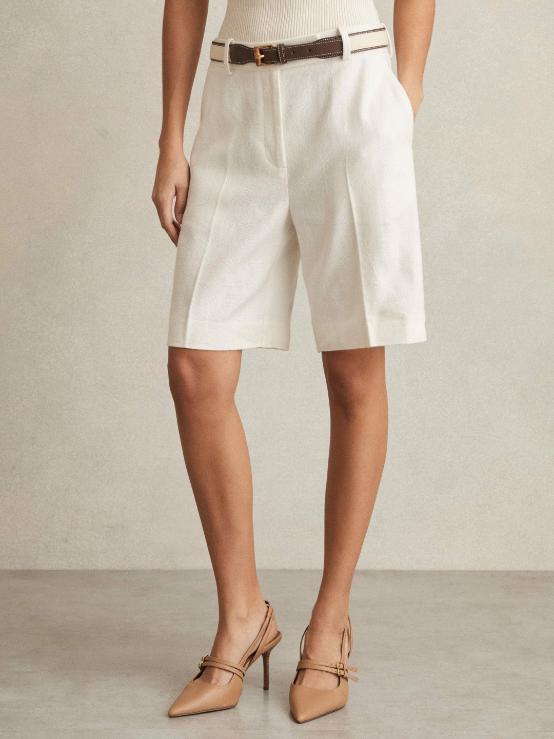 Linen-Blend Bermuda Shorts White | Women