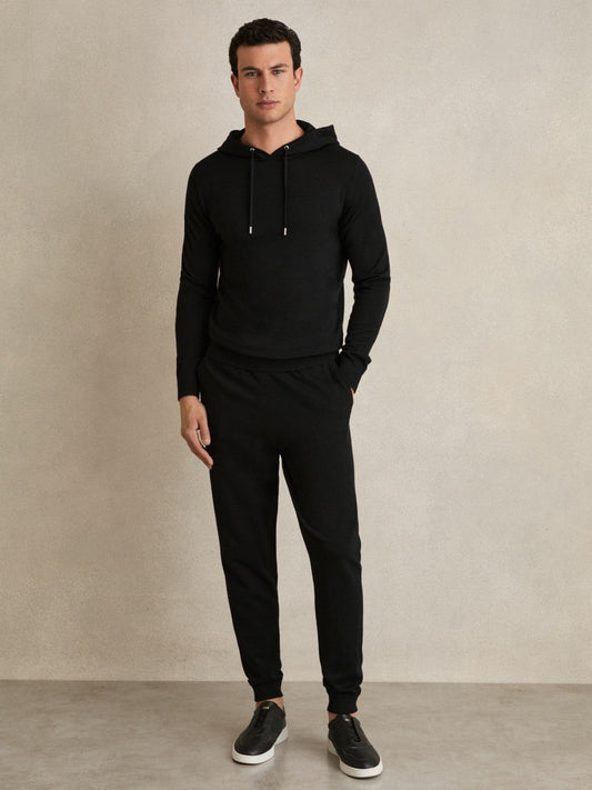 Merino Wool Drawstring Hoodie Black | Men