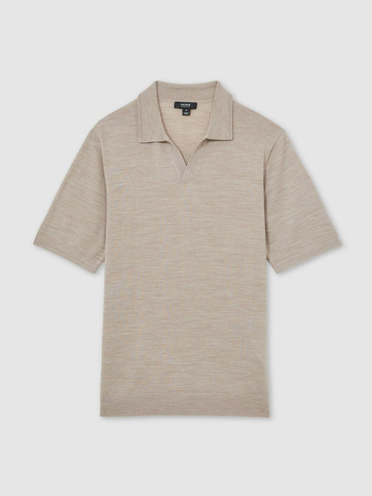 Merino Wool Open Collar Polo Shirt Wheat Melange | Men