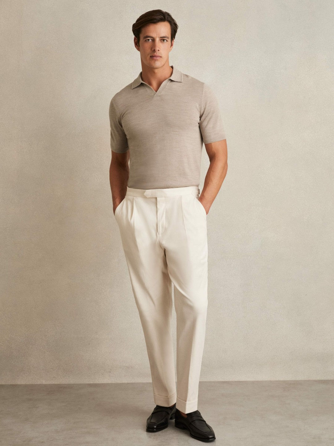Merino Wool Open Collar Polo Shirt Wheat Melange | Men