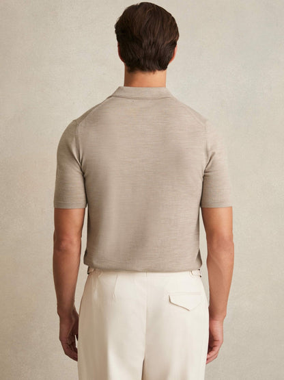 Merino Wool Open Collar Polo Shirt Wheat Melange | Men