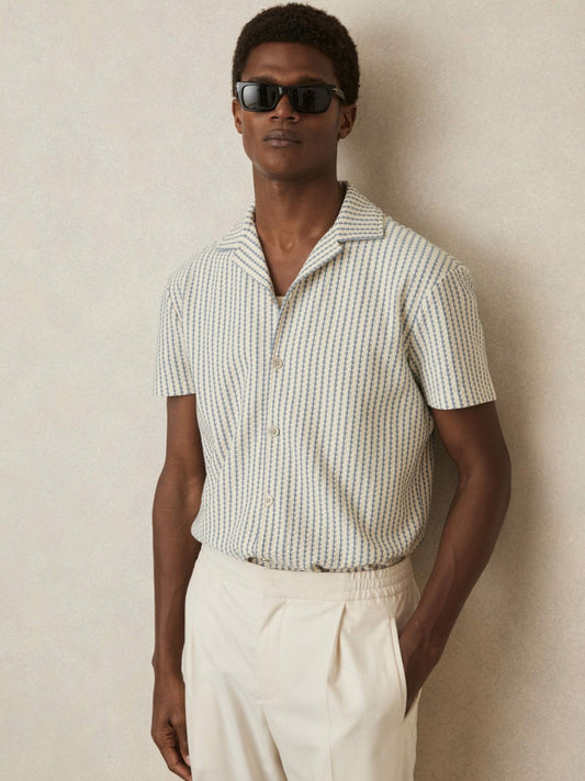 Textured-Stripe Cuban-Collar Shirt White/Soft Blue | Men