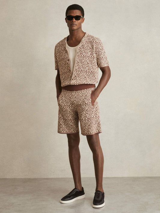 Tile Pattern Knit Shorts Brown/White | Men