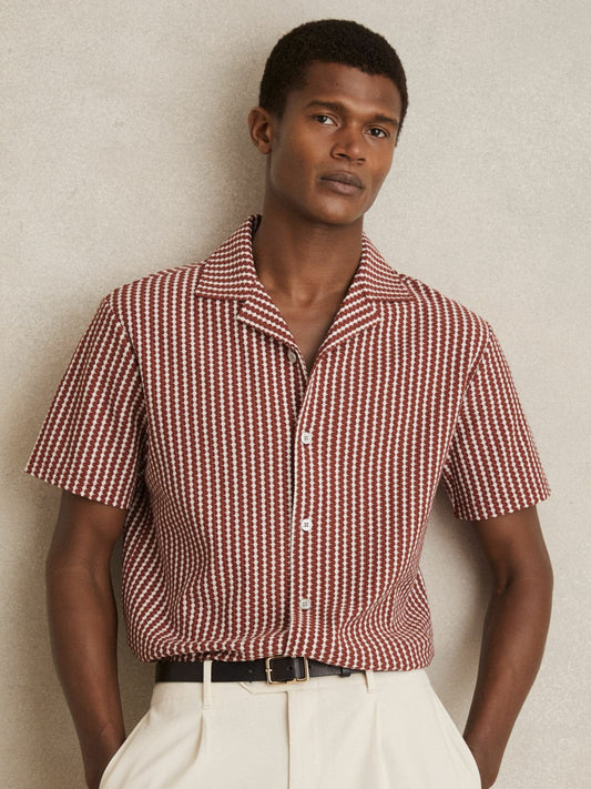 Textured-Stripe Cuban-Collar Shirt Rust Red/White | Men