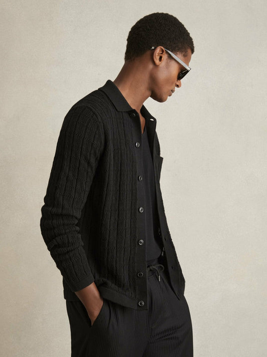 Cotton-Blend Textured Knit Shirt Black | Men