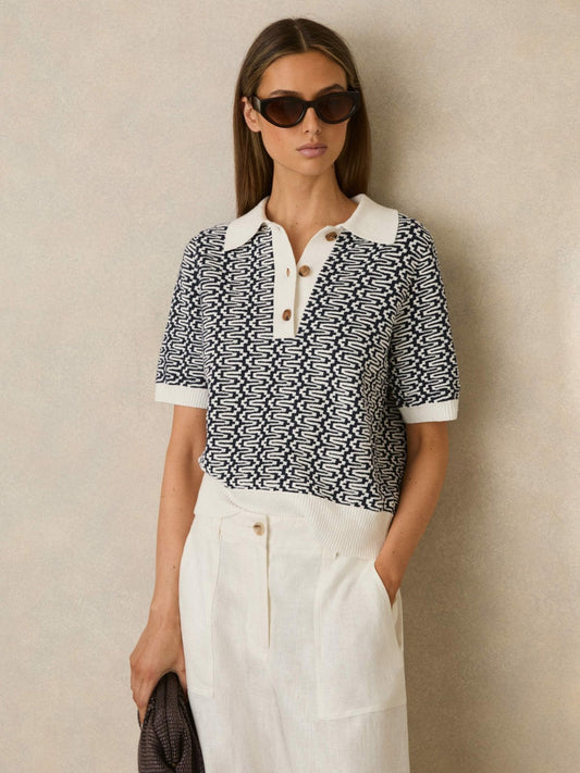 Zig-Zag Knit Polo Shirt Blue/Ivory | Women