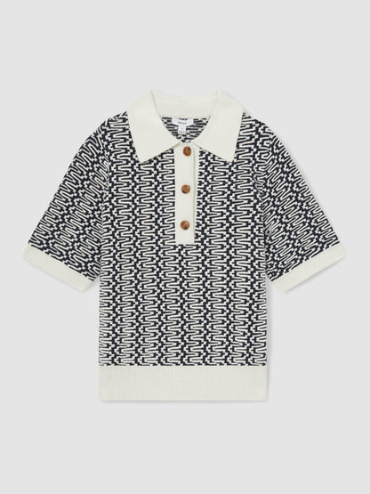 Zig-Zag Knit Polo Shirt Blue/Ivory | Women