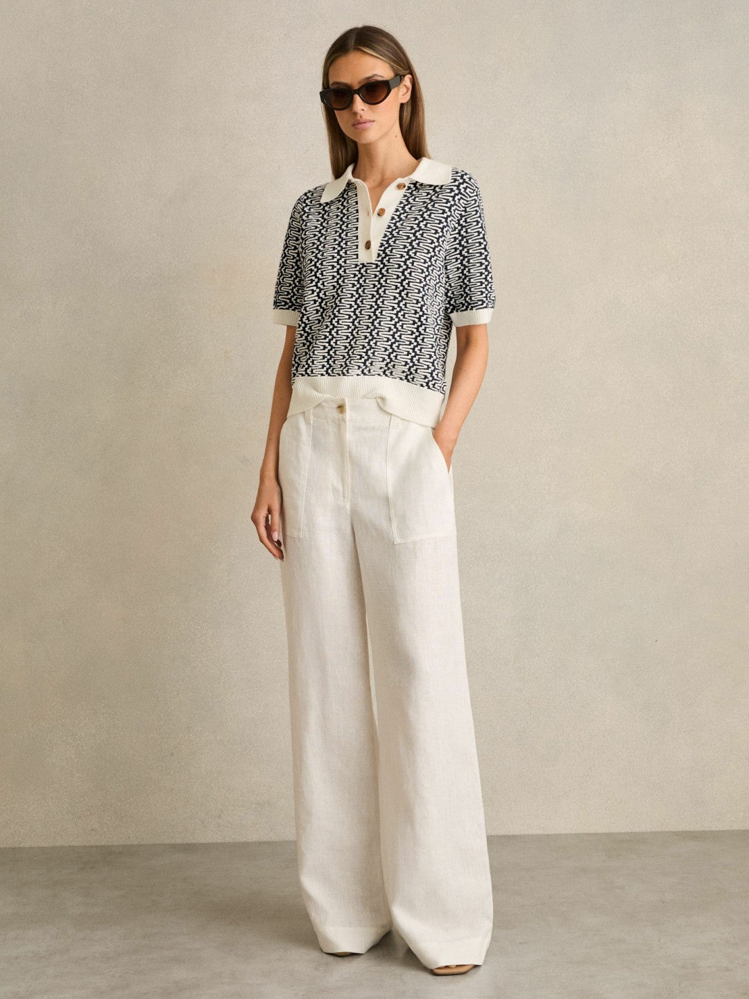 Zig-Zag Knit Polo Shirt Blue/Ivory | Women