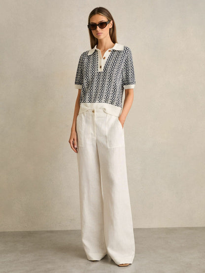 Zig-Zag Knit Polo Shirt Blue/Ivory | Women