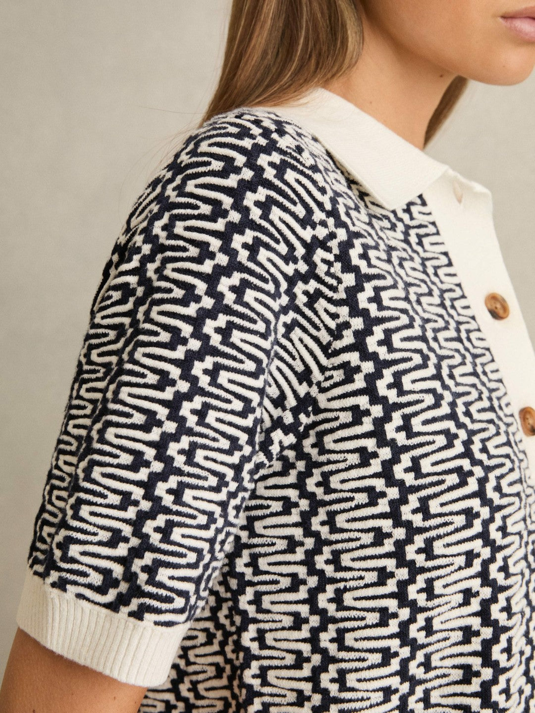 Zig-Zag Knit Polo Shirt Blue/Ivory | Women