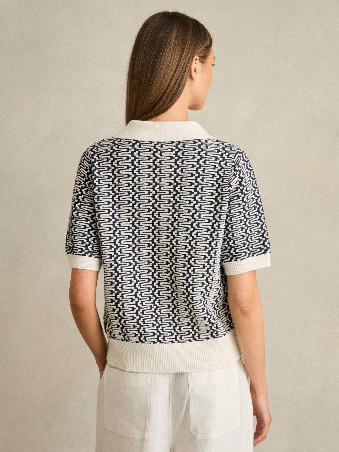 Zig-Zag Knit Polo Shirt Blue/Ivory | Women