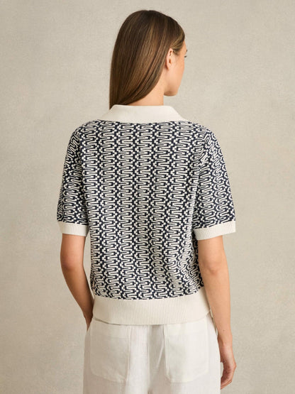 Zig-Zag Knit Polo Shirt Blue/Ivory | Women