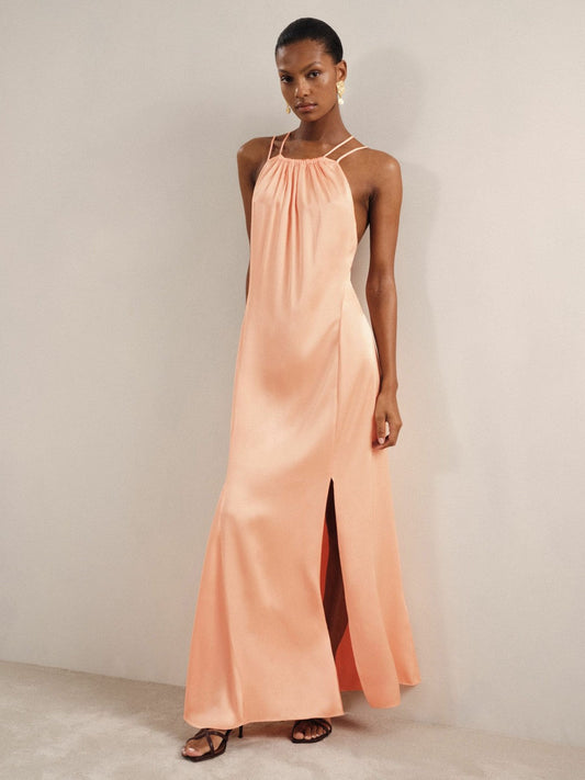 Petite Satin Halterneck Maxi Dress Peach | Women