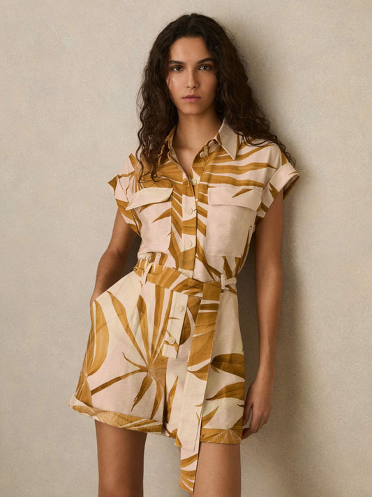 Palm Print Belted Playsuit Neutral | Women