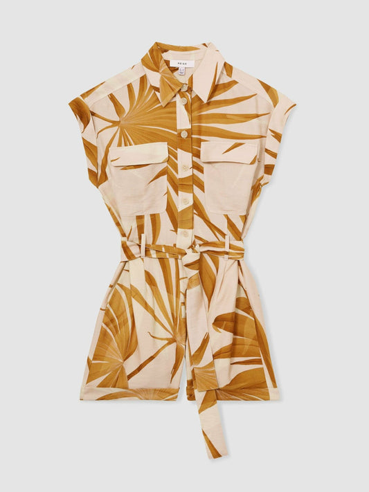 Palm Print Belted Playsuit Neutral | Women