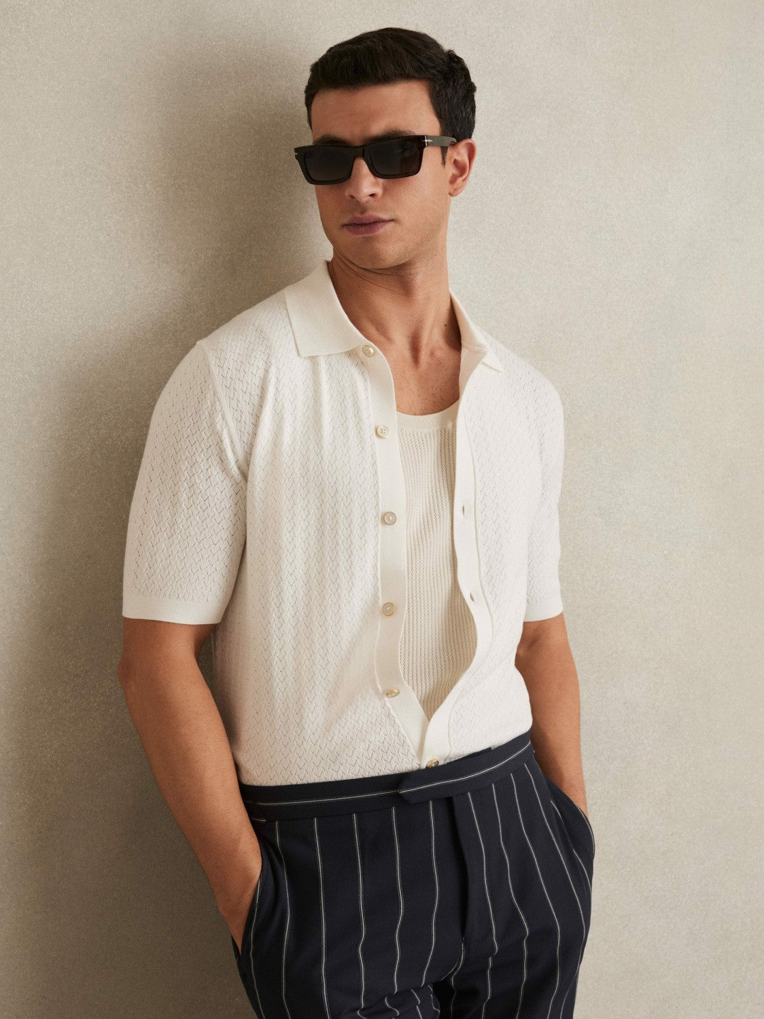 Textured Knit Button-Through Shirt White | Men